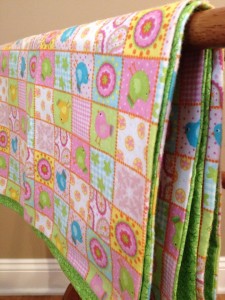 Flannel Baby Blanket Lime Green and Pink BIrds