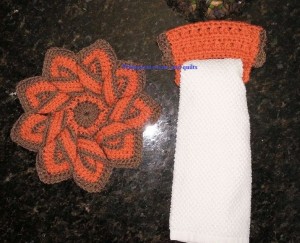 brown orange trivet dish towel holder set