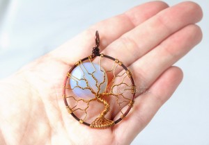 two tone wire wrapped opalite full moon tree of life pendant handcrafted by PhoenixFire Designs on etsy
