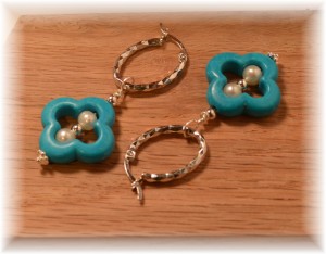 Turquoise & Pearl on Oval Hoops - $25 (2)