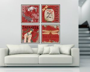 Japanese Red Geisha Print Set Mod Living Room