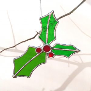 Christmas Holly Stained Glass Ornament 11