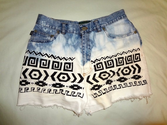 High Waisted Shorts Handpainted Aztec/Tribal Pattern Denim Shorts
