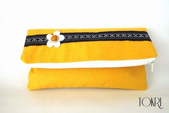 Foldover clutch in mustard / yellow linen with blue braid and button, bridesmaid gift, wedding accessory, gifts for her, everyday use purse