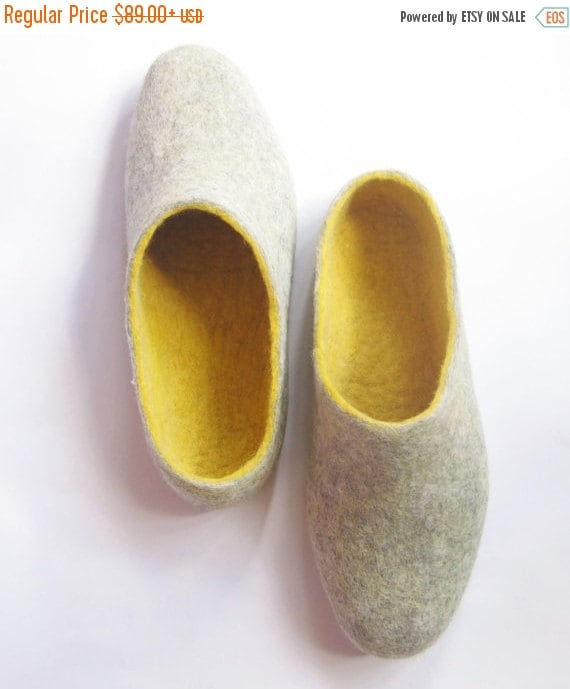 FLASH SALE BIG Sale. Love Beer. Mens slippers. Felt Slippers Stone Grey / Yellow Amber. 10 options of color rubber sole. 